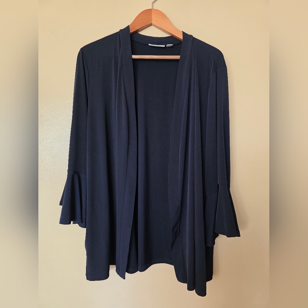 Susan Graver Liquid Knit Cardigan 3X Navy Flutter Bell Sleeve Careerwear Office
